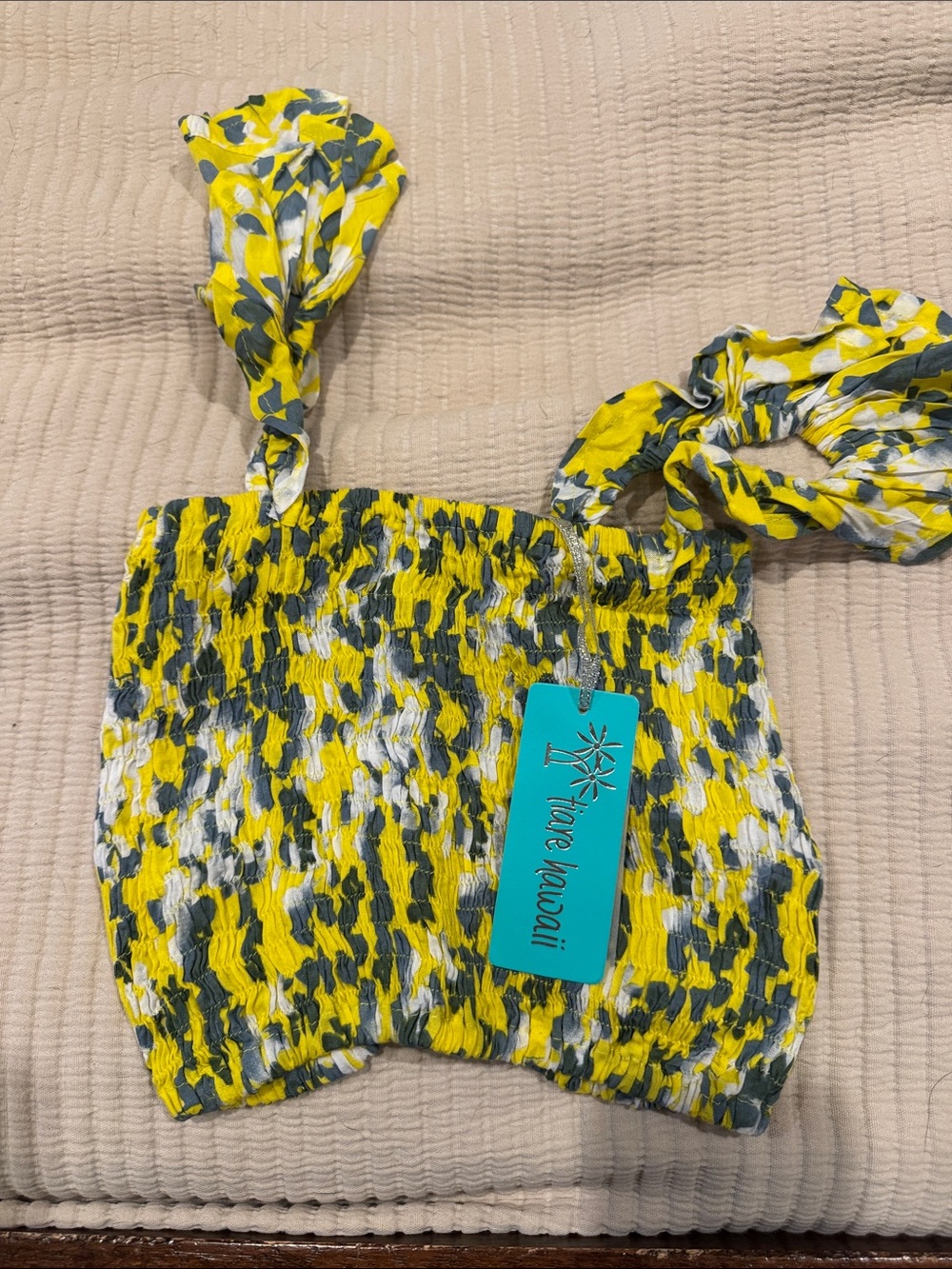 Tiare Hawaii Yellow, Gray & White Smocked Tie-Shoulder Crop Top